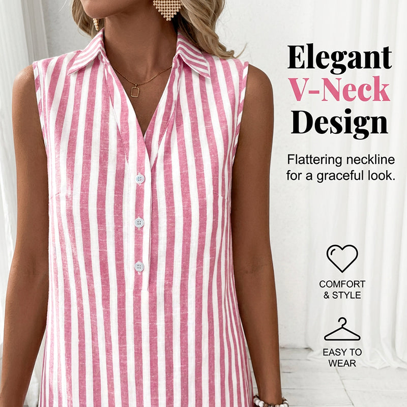 【S-2XL】👗Női ujjatlan, csíkos ingruha, V-nyakú