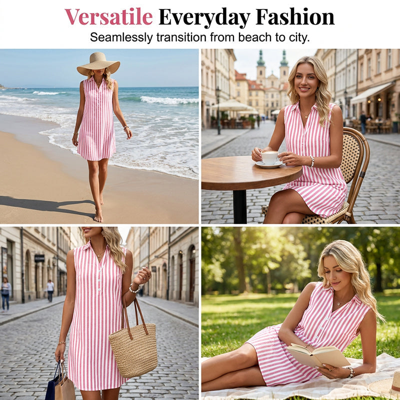 【S-2XL】👗Női ujjatlan, csíkos ingruha, V-nyakú