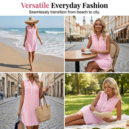 【S-2XL】👗Női ujjatlan, csíkos ingruha, V-nyakú