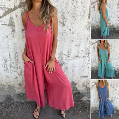 【🎉S-3XL】👗Női laza pamut és lenvászon kezeslábas zsebekkel