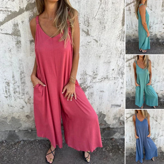 【🎉S-3XL】👗Női laza pamut és lenvászon kezeslábas zsebekkel