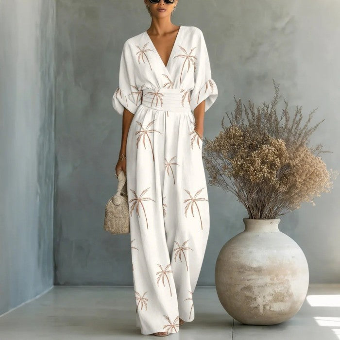 【S-3XL】🌺Női elegáns V-nyakú nyomott jumpsuit
