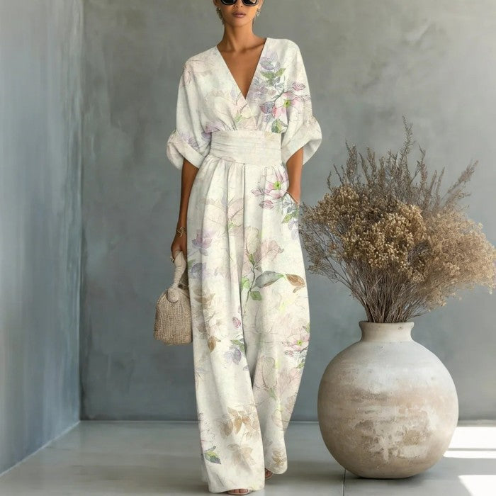 【S-3XL】🌺Női elegáns V-nyakú nyomott jumpsuit