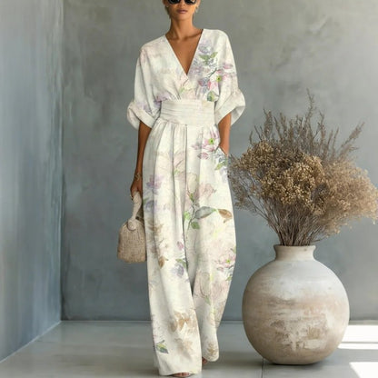 【S-3XL】🌺Női elegáns V-nyakú nyomott jumpsuit