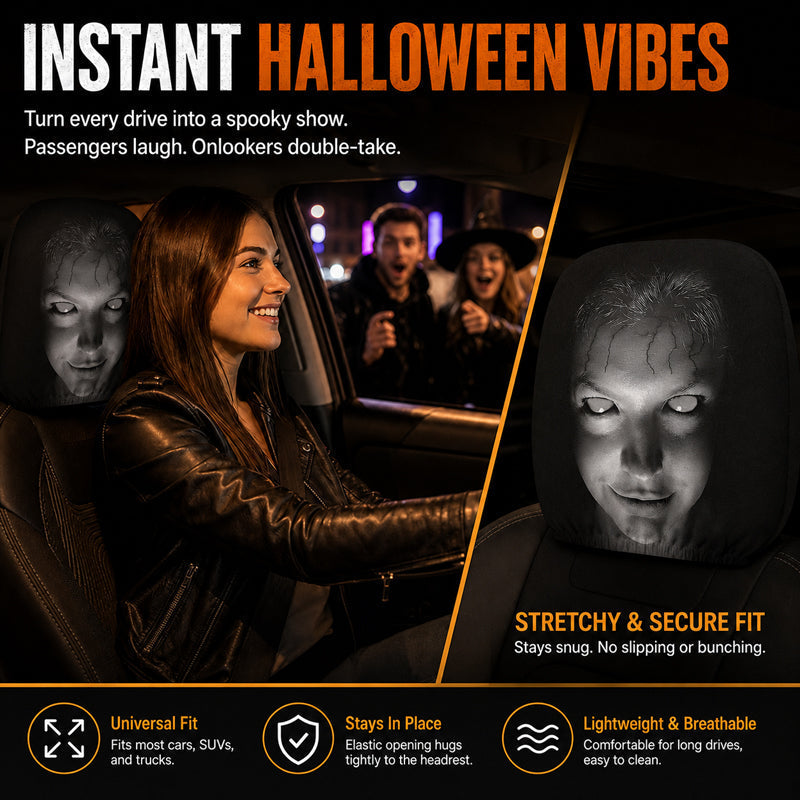 👻Vicces arcú mintás fejtámla-huzat – autó belső kiegészítő