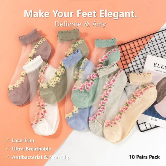 🌺🧦 Virágmintás csipkés női tavaszi-nyári bokazokni