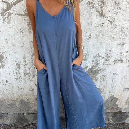 【🎉S-3XL】👗Női laza pamut és lenvászon kezeslábas zsebekkel