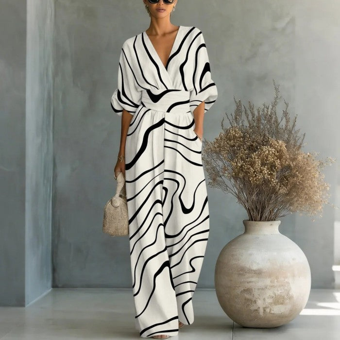 【S-3XL】🌺Női elegáns V-nyakú nyomott jumpsuit