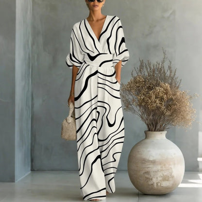 【S-3XL】🌺Női elegáns V-nyakú nyomott jumpsuit