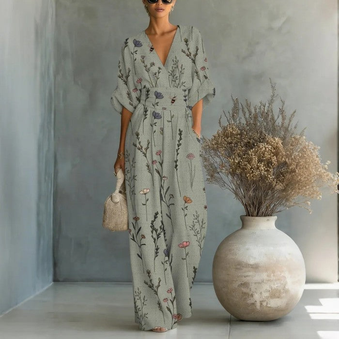 【S-3XL】🌺Női elegáns V-nyakú nyomott jumpsuit