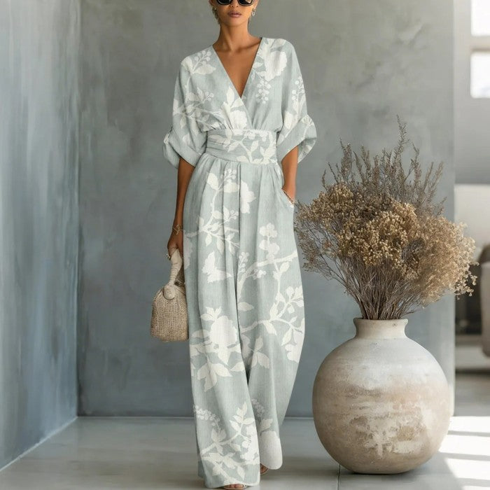 【S-3XL】🌺Női elegáns V-nyakú nyomott jumpsuit