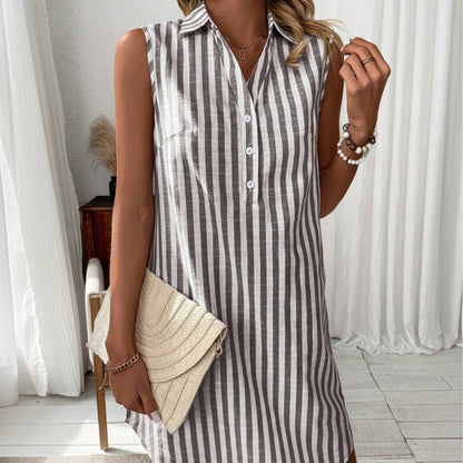 【S-2XL】👗Női ujjatlan, csíkos ingruha, V-nyakú