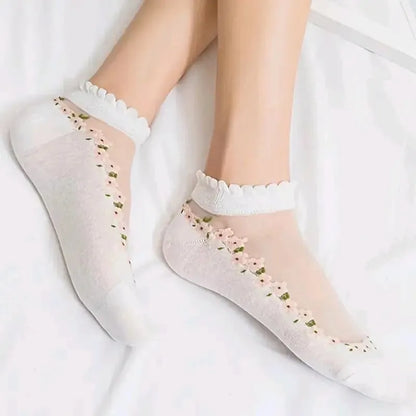 🌺🧦 Virágmintás csipkés női tavaszi-nyári bokazokni