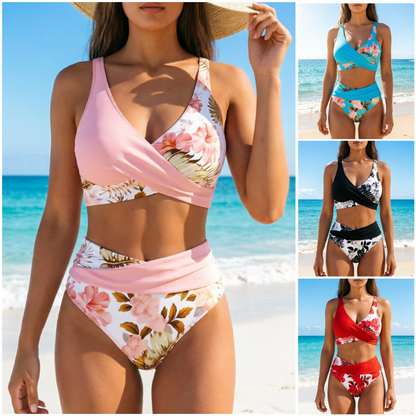 【🔥EU S-XL】🌊👙Női virágmintás, magas derekú bikini szett