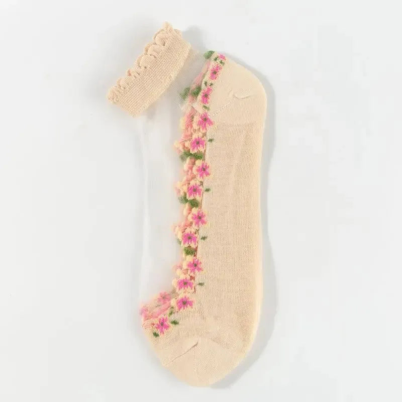 🌺🧦 Virágmintás csipkés női tavaszi-nyári bokazokni