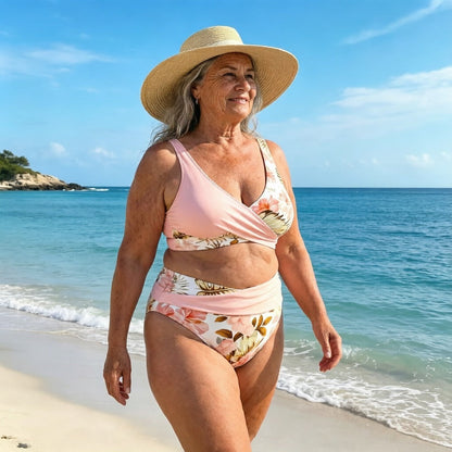 【🔥EU S-XL】🌊👙Női virágmintás, magas derekú bikini szett