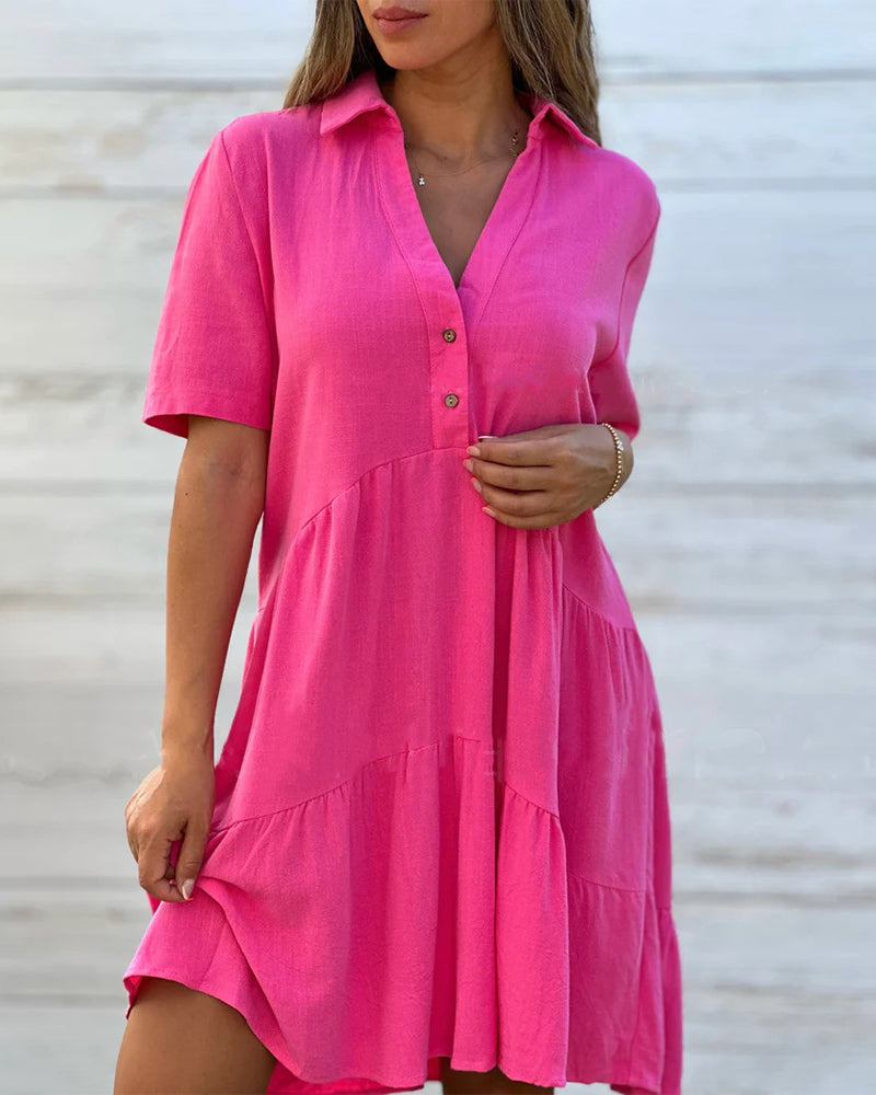 【S-5XL】💖Egyszínű kényelmes hajtókás gombos ruha