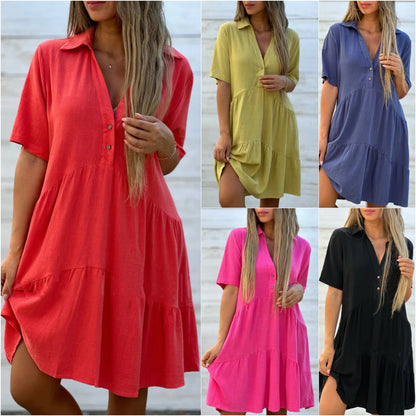【S-5XL】💖Egyszínű kényelmes hajtókás gombos ruha