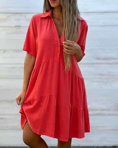 【S-5XL】💖Egyszínű kényelmes hajtókás gombos ruha
