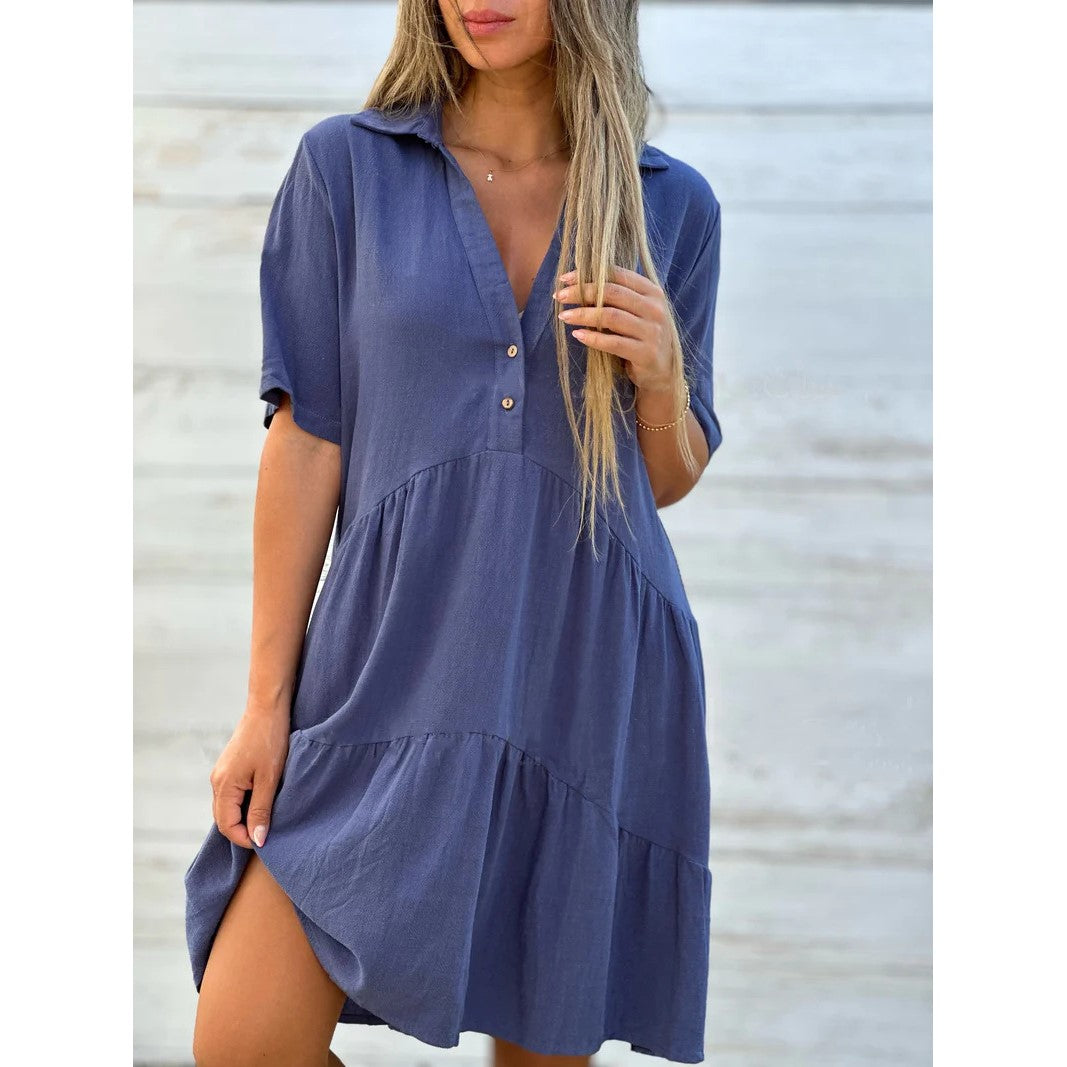 【S-5XL】💖Egyszínű kényelmes hajtókás gombos ruha