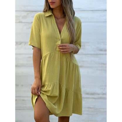 【S-5XL】💖Egyszínű kényelmes hajtókás gombos ruha