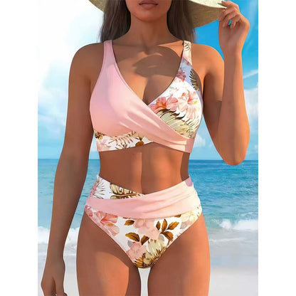 【🔥EU S-XL】🌊👙Női virágmintás, magas derekú bikini szett