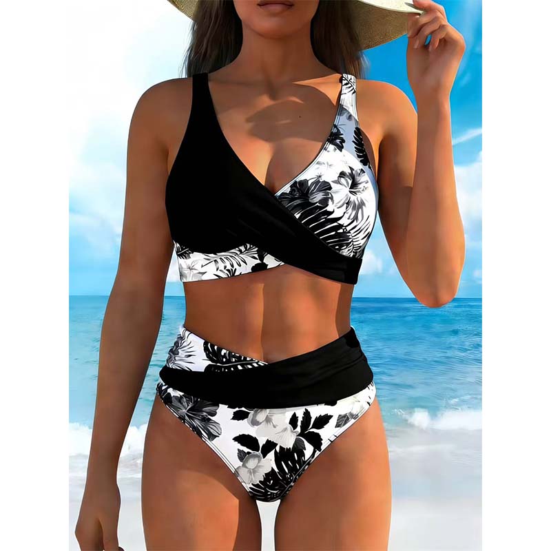 【🔥EU S-XL】🌊👙Női virágmintás, magas derekú bikini szett