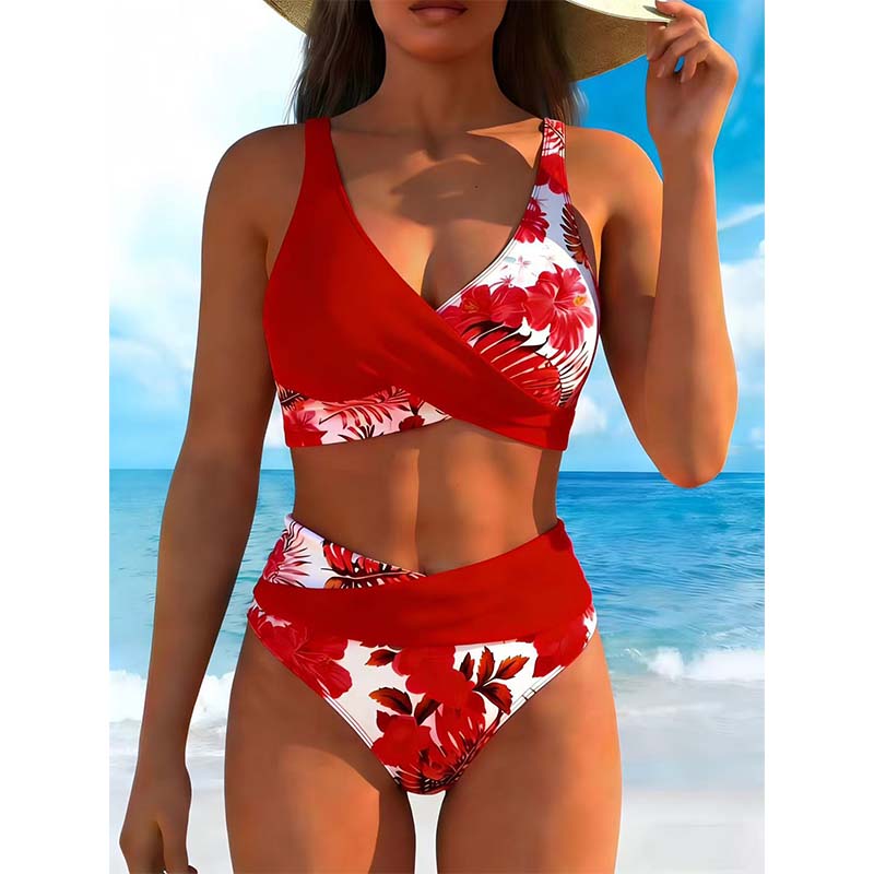 【🔥EU S-XL】🌊👙Női virágmintás, magas derekú bikini szett