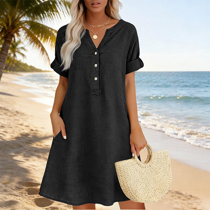 【S-2XL】👗Női alkalmi V-nyakú tunika ruha zsebekkel