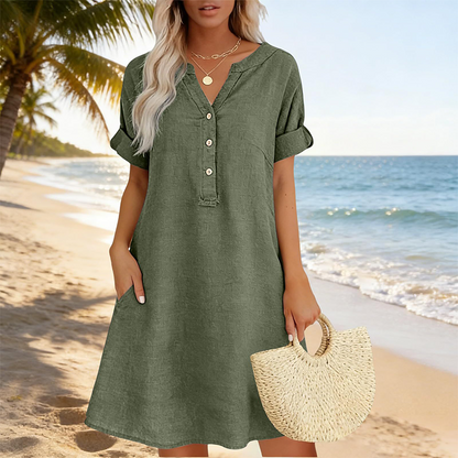 【S-2XL】👗Női alkalmi V-nyakú tunika ruha zsebekkel