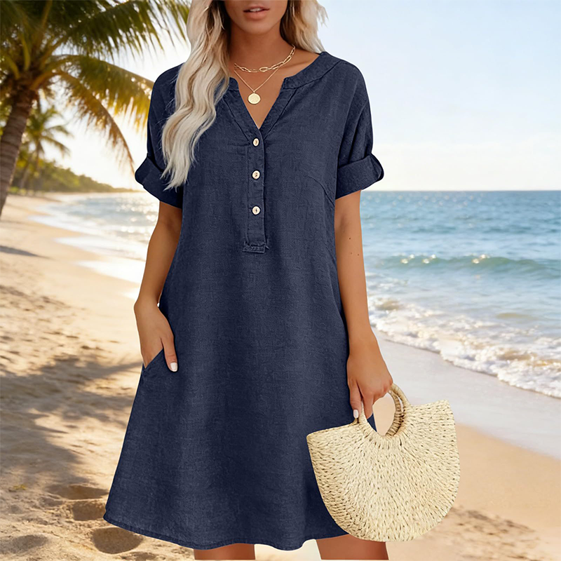 【S-2XL】👗Női alkalmi V-nyakú tunika ruha zsebekkel
