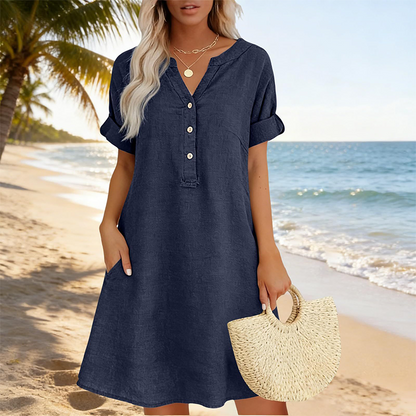 【S-2XL】👗Női alkalmi V-nyakú tunika ruha zsebekkel