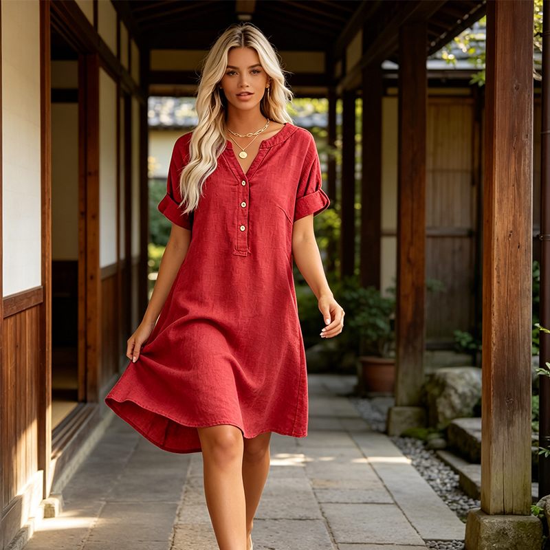 【S-2XL】👗Női alkalmi V-nyakú tunika ruha zsebekkel