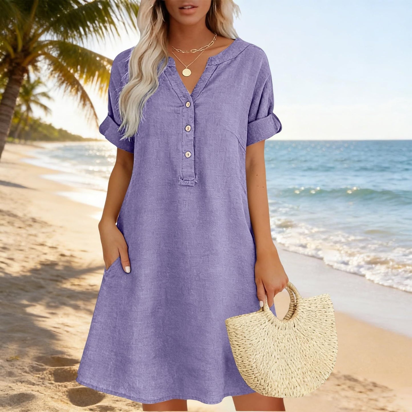【S-2XL】👗Női alkalmi V-nyakú tunika ruha zsebekkel