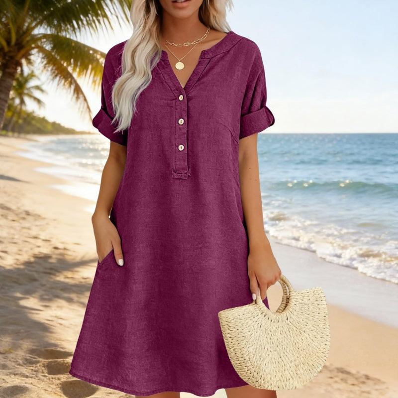 【S-2XL】👗Női alkalmi V-nyakú tunika ruha zsebekkel