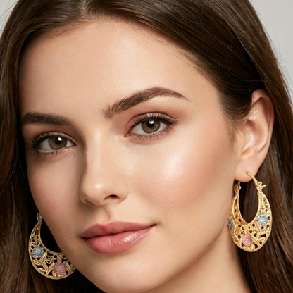 ✨Ragyogj eleganciával – 🌙Aranyozott félhold alakú fülbevalók zománcvirágokkal
