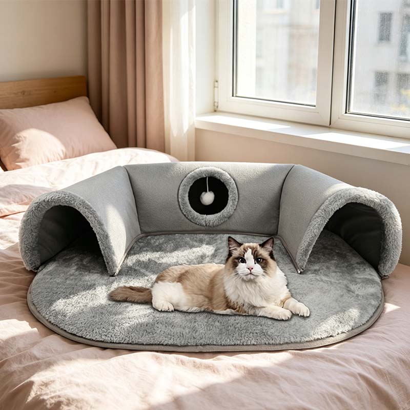 🐱🛏️Plüss 2 az 1-ben macskaalagút-ágy – 🐾Karcálló és kényelmes