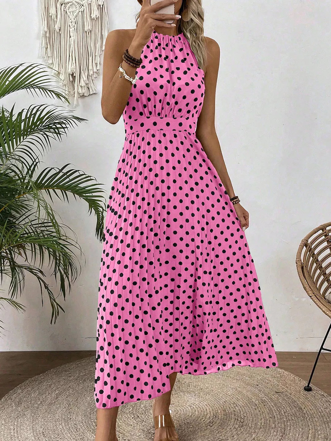 【🍊S-XL】👗Retró pöttyös nyakpántos ruha