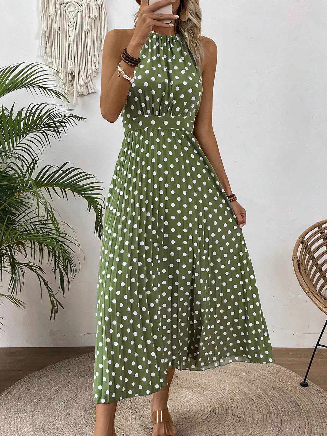 【🍊S-XL】👗Retró pöttyös nyakpántos ruha