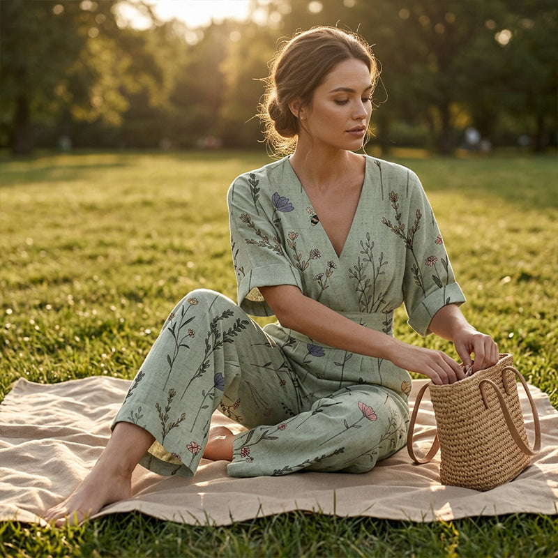 【S-3XL】🌺Női elegáns V-nyakú nyomott jumpsuit