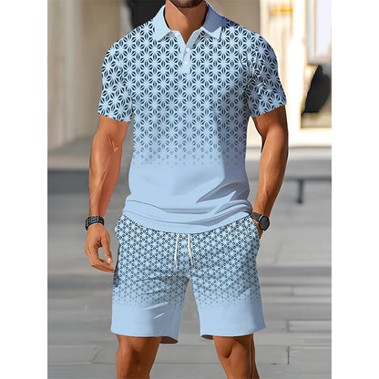 【💠S-5XL】👔Férfi geometrikus mintás, felhajtott galléros felső és rövidnadrág szett
