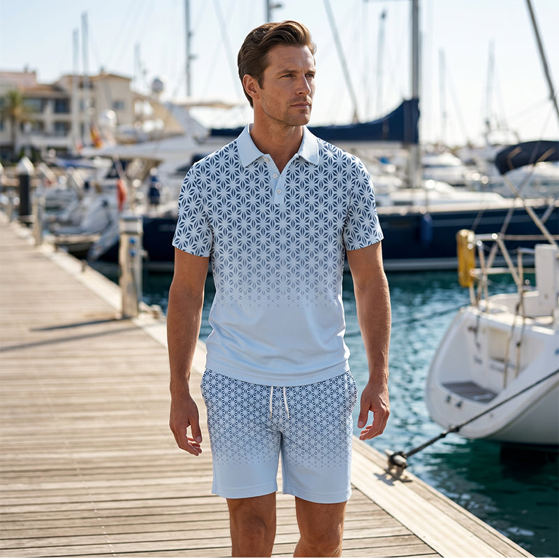 【💠S-5XL】👔Férfi geometrikus mintás, felhajtott galléros felső és rövidnadrág szett