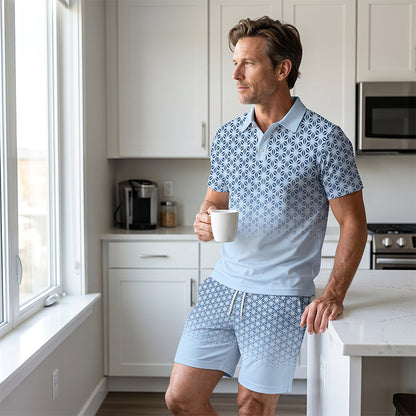 【💠S-5XL】👔Férfi geometrikus mintás, felhajtott galléros felső és rövidnadrág szett
