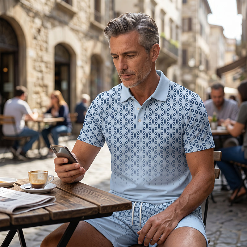 【💠S-5XL】👔Férfi geometrikus mintás, felhajtott galléros felső és rövidnadrág szett