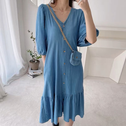 【M-3XL】👗Női V-nyakú, egysoros, rövid ujjú ruha