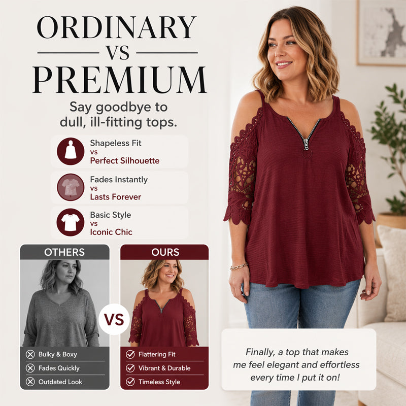 【S-5XL】👚Csipkes, vállkivágásos felső cipzárral