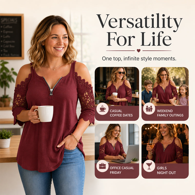 【S-5XL】👚Csipkes, vállkivágásos felső cipzárral