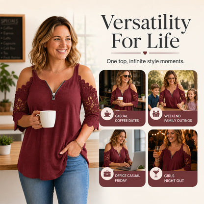 【S-5XL】👚Csipkes, vállkivágásos felső cipzárral