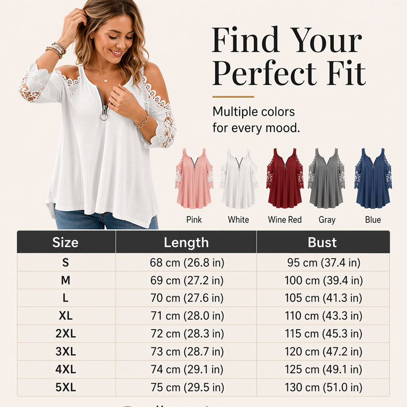 【S-5XL】👚Csipkes, vállkivágásos felső cipzárral