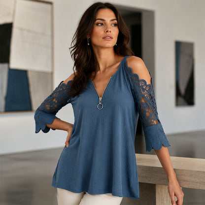 【S-5XL】👚Csipkes, vállkivágásos felső cipzárral